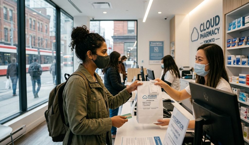 Picking up PrEP prescription at Cloud Pharmacy Toronto.